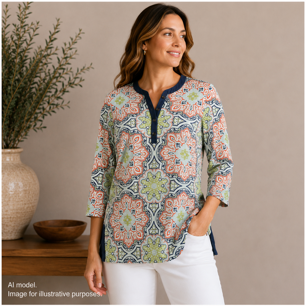 J McLaughlin Tunic Shirt Womens Large Blue Green Medallion Print Henley Top